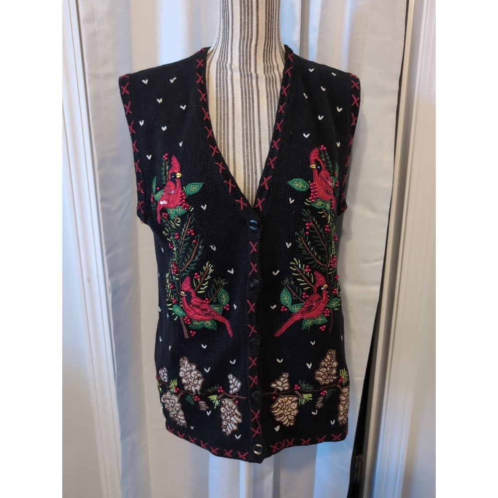 VTG Bobbie Brooks Black Ramie Cotton Embroidered Cardinal Bird Sweater Vest SZ L